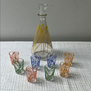 Vintage 1970s BVB France Colorful Glass Liquor Decanter Carafe & 8 Glasses Set
